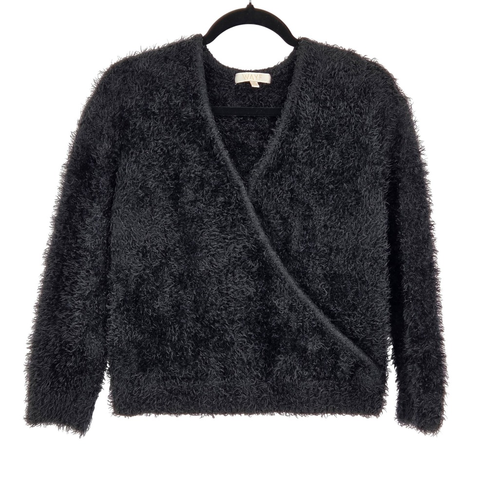 WAYF Women Medium Faux Fur Eyelash Knit Wrap Sweater Black V Neck Cozy